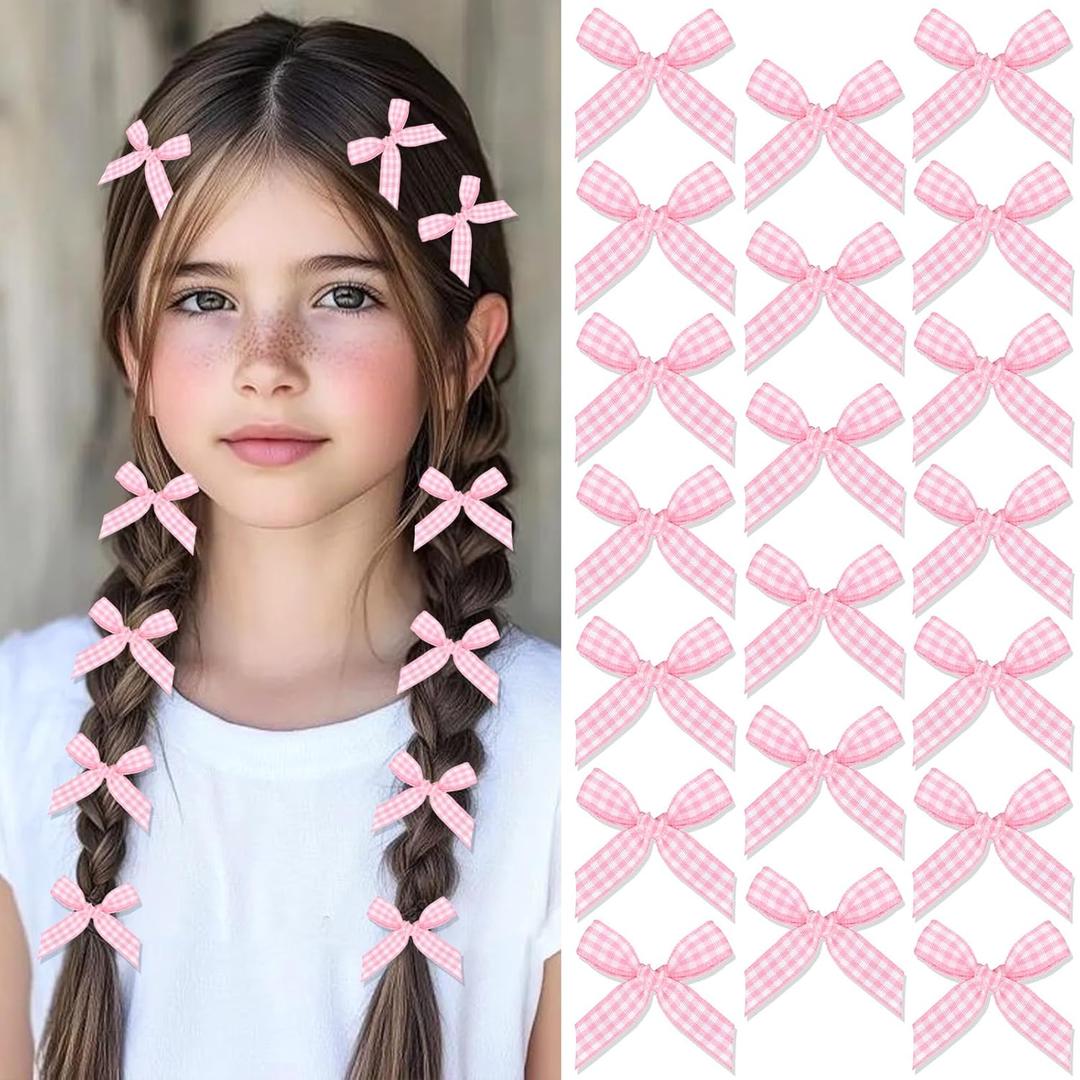 3 x 20PCS Pink Mini Bow Hair Clips Gingham Craft Hair Bows Small Bows for Hair Sweet Bowknot Hair Ribbon Clips Cute Claw Clips Hair Barrettes Accessories for Teens Women and Girls