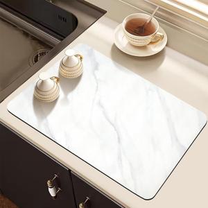 Dish Drying Mat for Kitchen Counter, 24"x16" Super Absorbent Hide Stain Dish Drying Pad with Non-slip Rubber Backed, Quick Drying Mat for Coffee Machine Dish RackWhtie Marble