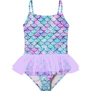 swimsobo Girls One Piece Tutu Swimsuit Colorful Mermaid Bathing Suit Cute Crossback Strap Swimwear for 2-8 Years Kids (4-5T, A Green Purple)
