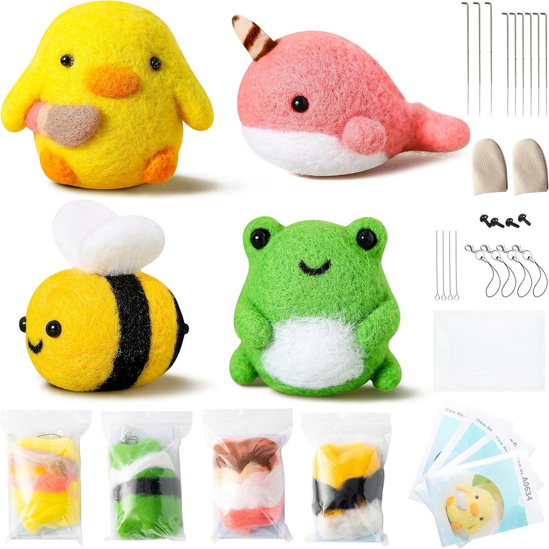 WATINC Set of 4 Cute Animal Needle Felting Starter Kit Frog Chick Bee Narwhal Animal Doll Wool Felting Tools Felt Needles Foam Mat DIY Needlework Craft Party Supplies for Beginners Adults
