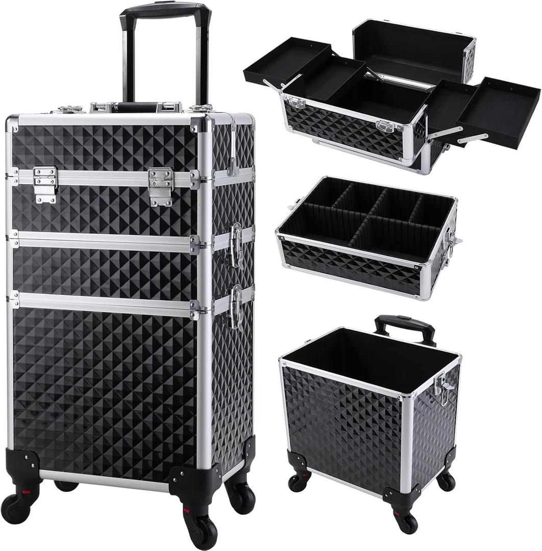 FRENESSA 3 in 1 Rolling Makeup Train Case Professional Cosmetic Trolley Large Storage with Keys Swivel Wheels Salon Barber Case Traveling Cart Trunk for Make Up Hairstylists Nail Tech, Vintage Black