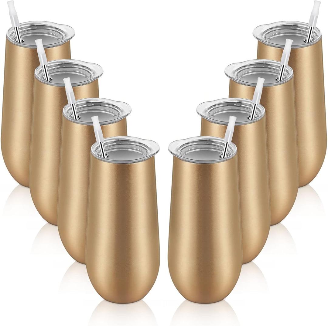Lifecapido 8 Pack Insulated Champagne Tumblers, 12oz Champagne Flute Tumbler, Stainless Steel Stemless Champagne Glass, Unbreakable Cocktail Cups with Lid for Birthday Party Wedding Christmas (Gold)