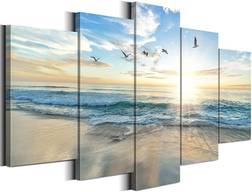 Biufo Seascape Canvas Wall Art Paintings Sunrise at Sea Print Picture Beach Ocean Artwork for Office Bedroom Living Room Wall Decor (Small) (40"W x 20"H / S)