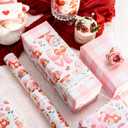 Merture Valentines Pink Gnome Wrapping Paper Roll - 17 In x 32.8 Ft (46.5 sq.ft.ttl.) - Adorable Gnome, Heart and Rose with Gold-Printed Valentines Day Lettering Design for Romantic Celebrations, Weddings, Bridal Showers, Anniversary for Women, Girlfriend, Wife, Lover