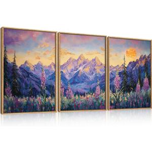 Vintage Purple Mountain Landscape Framed Canvas Wall Art Set-16"x24"x3