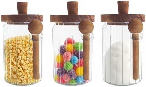 Set of 3 Glass Food Storage Jars with Handles Wood Lid and Spoon, 25 oz Glass Kitchen Canisters for Coffee, Tea, Cereal, Spice and Canning, Mason Jars, Cute Jar