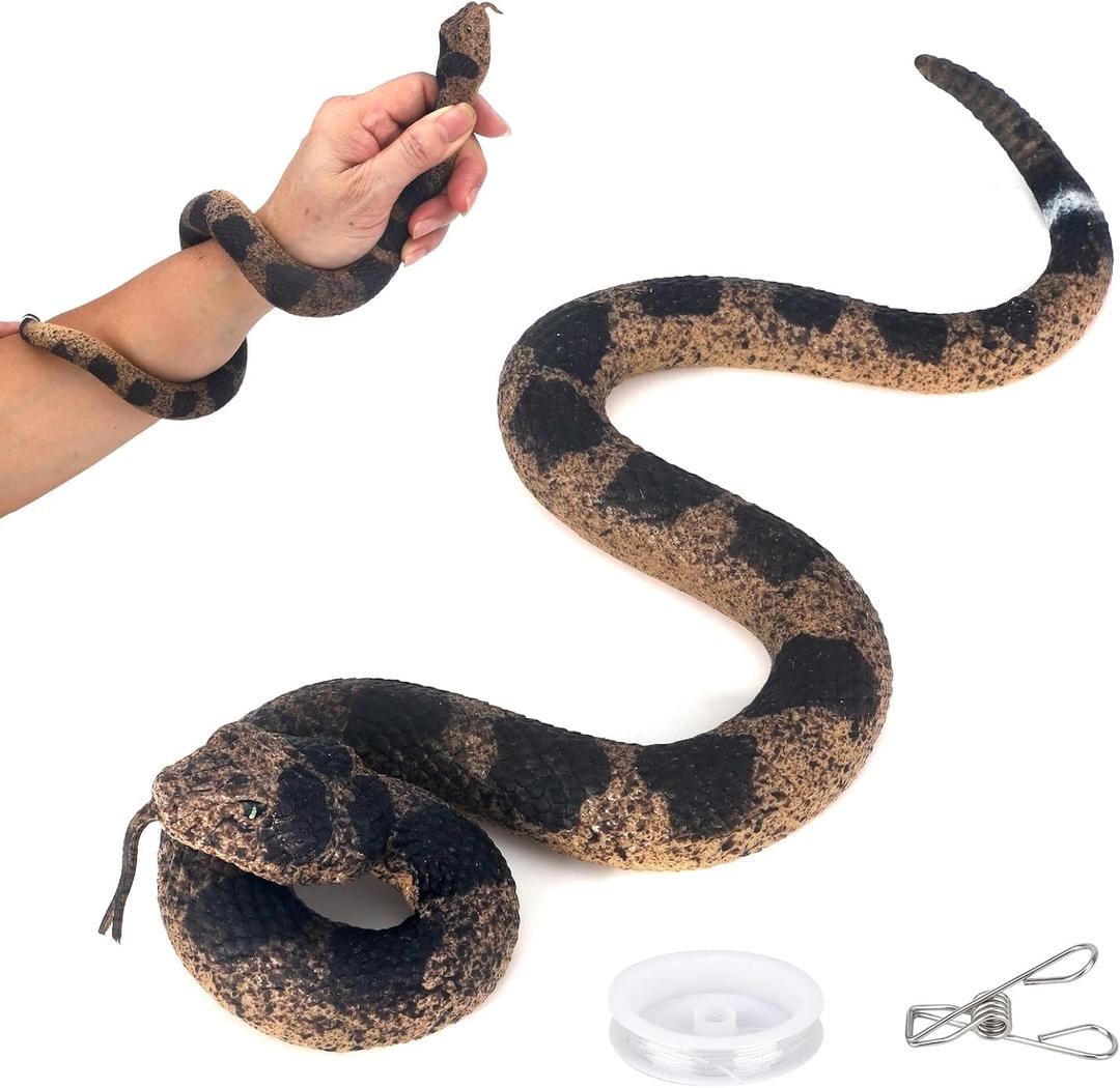 Realistic Rubber Fake Snake Rattlesnake Practical Joke Toy with String and Clip, Scary Plastic Prank Prop for Halloween, Garden Decor, Bird Repellent, and Funny Scare Gags