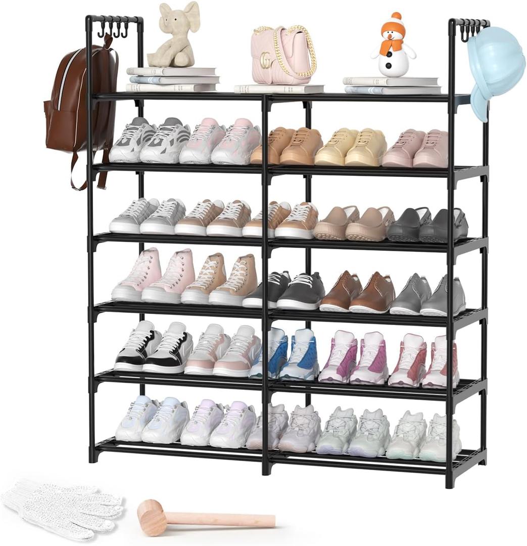 2-Row 6-Tier Stackable Shoe Rack, Black Metal Shoe Shelf with Multifunctional Hooks, Hold 24-30 Pairs, Space Saving Shoes Organizer for Closet,Show Rack