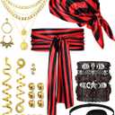 Fourluoo 31 Pieces Pirate Costume Women Rave Accessories Pirate Hat Head Scarf Sash Belt Necklace Earrings for Cosplay Party (Red)