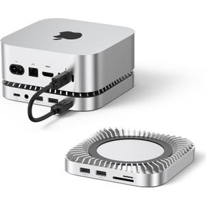 Raycue Mac mini M4 Dock & Stand with 8T NVMe SSD Enclosure, 2 USB A 10Gbps,10G USB C Data Port, 5G USB A*2, USB-C Charge, SD/TF, Audio for Mac mini M4/ M4 Pro (Silver)