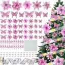 XunYee 137 Pcs 5 Styles Christmas Poinsettia Glitter Flowers 3 Styles Hollow Out Butterfly Artificial Berries Kit with Clips, Stems and 32.8 ft Ribbon for Xmas Tree Ornaments Home Decor(Pink)