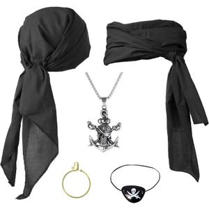 Cotton Pirate Costume Accessories Set for Men And Women Head Scarf Sash Belt Dress With Earring And Necklace (Black - 5 Pcs Set) Cotton Pirate Costume Accessories Set for Men And Women Head Scarf Sash Belt Dress With Earring And Necklace (Black - 5 Pcs Set)