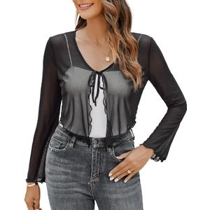 Avidlove Womens Sheer Shrug Tie Front Long Bell Sleeve Mesh Bolero Lightweight Summer Casual Short Shawl Top (XXL)