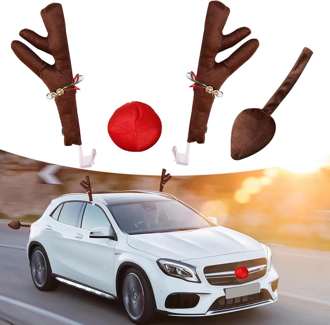 Car Reindeer Antler Kit - Nose and Tail, Premium Christmas Holiday Decoration Accessories, Universal for Cars (Brown & Red)