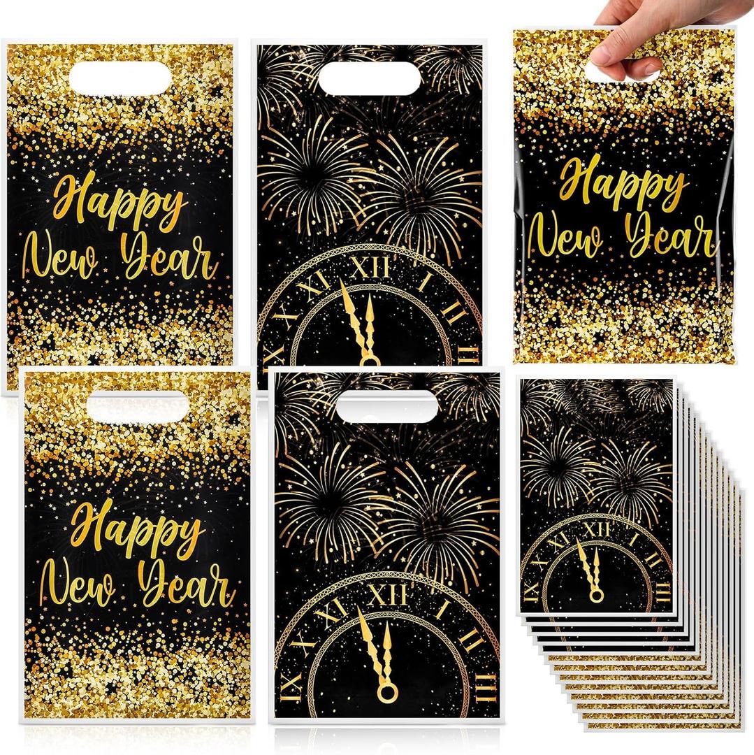 Abbylike 60 Pcs 2026 Happy New Year Gift Bags with Handle New Year Eve Party Favor Black and Gold Plastic Goodie Treat Candy Snack Supplies Double Side Print for Party Supplies Decorations
