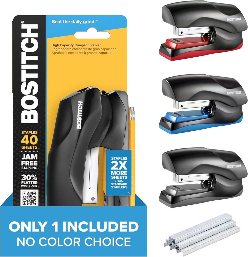 Bostitch Office Heavy Duty Stapler, 40 Sheet Capacity, No Jam, Half Strip, Fits into the Palm of Your Hand, For Classroom, Office or Desk, No Color Choice, One per Order (B175-ASST)