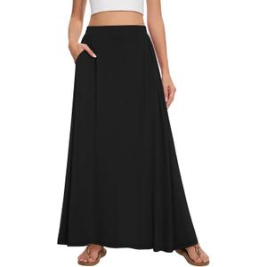 Womens Maxi A-line Long Skirt Casual 2026 Elastic High Waist Flowy Skirts with Pockets (Black, L)