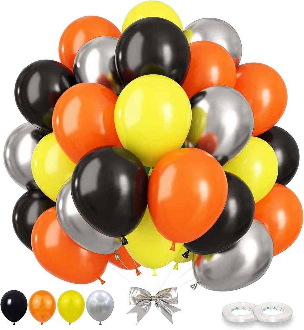 60PCS Yellow Silver Orange and Black Balloons,12 in Construction Balloon Arch Yellow Silver Black and Orange Balloons,Suitable for Boy or Kids Construction Theme Birthday Baby Shower Party Decorations