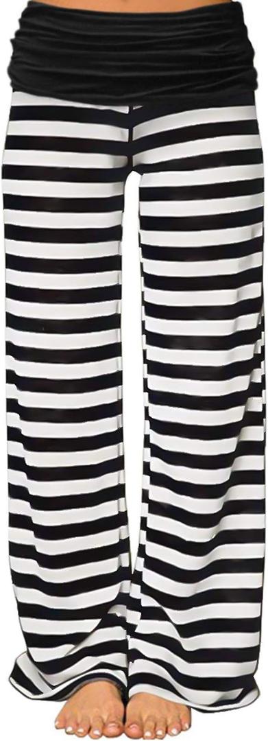 Gracyoga Women's Comfy Pajama Pants Wide Leg Lounge Palazzo Yoga Pants Stretch Casual Floral Print Fold Waist Pants (Large)