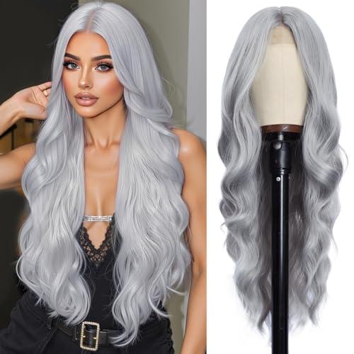 Colorful Queen Grey Wigs for Women 26 Inch Long Silver Gray Wig Curly Wavy Wig Natural Looking Synthetic Lace Wig for Daily Party Use Halloween Cosplay