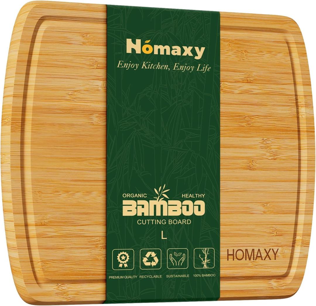 Homaxy Large Bamboo Cutting Boards for Kitchen,14.5x11.5" Wood L Cutting Board with Juice Groove, Wooden Butcher Block Chopping Board for Kitchen, Meat, Cheese, Fruit & Vegetables - Pre Oiled