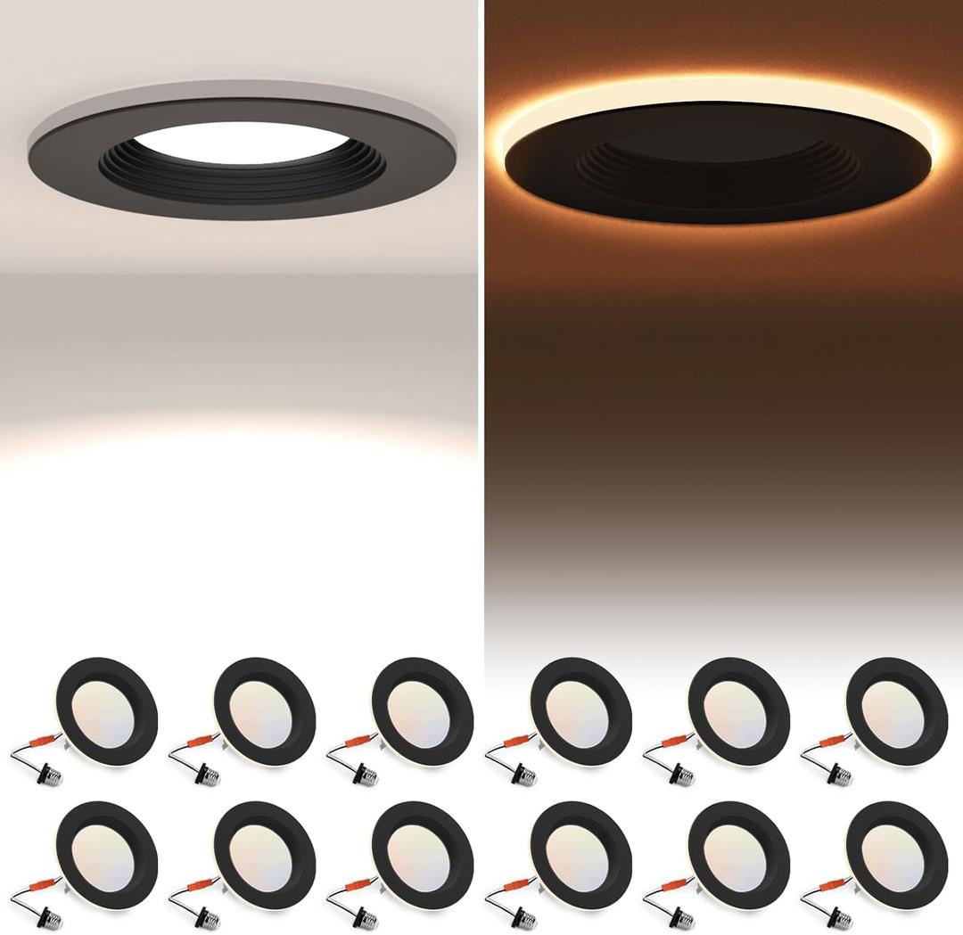 POWERASIA 12 Pack 4 Inch Black LED Can Lights with Night Light, 5CCT Retrofit Recessed Lighting Selectable 2700K-6000K Dimmable, 9W=55W, 630LM Downlight with Metal Smooth Trim - ETL and Energy Star