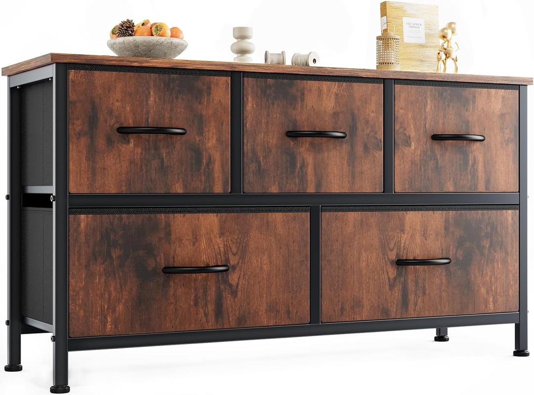 OLIXIS Dresser for Bedroom with 5 Drawers, Wide Chest of Drawers, Fabric Bedroom Dresser with Drawer Organizers, Storage Organizer Unit with Fabric Bins for Closet, Living Room, Hallway, Rustic Brown (11.9"D x 38"W x 20.9"H (5 Drawers))