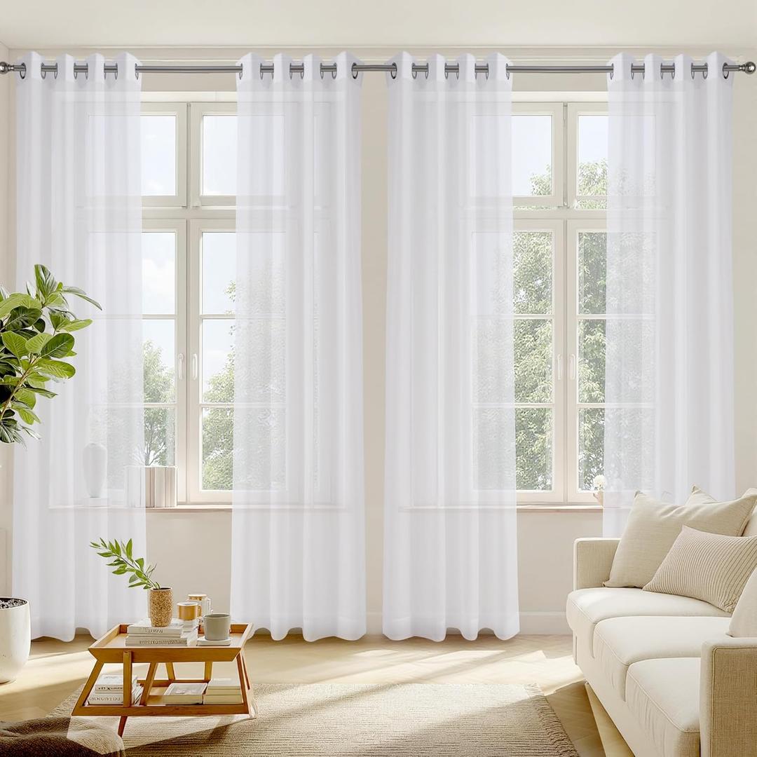 RYB HOME Sheer Curtains 4 Panels Set 90 Inches Long, Solid Voile Light Filtering Airy Curtains Window Treatment Drapes for Living Room, Elegant Bedroom Window Panels, White, Width 54, Grommet