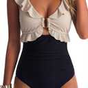 Women One Piece Swimsuit Tummy Control Ruffle Bathing Suit Cutout V Neck Swim Suit Ruched Slimming Swimwear (Black, M)