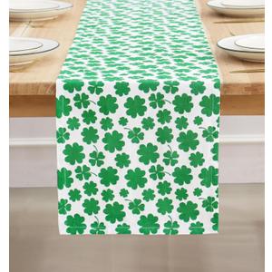 PurpleEssences St Patricks Day Shamrock Decorations Table Runner Green Clover, Dining Table Decoration for Indoor Home Party - 13 X 72 Inch - Shamrock 4 Leaf Clover