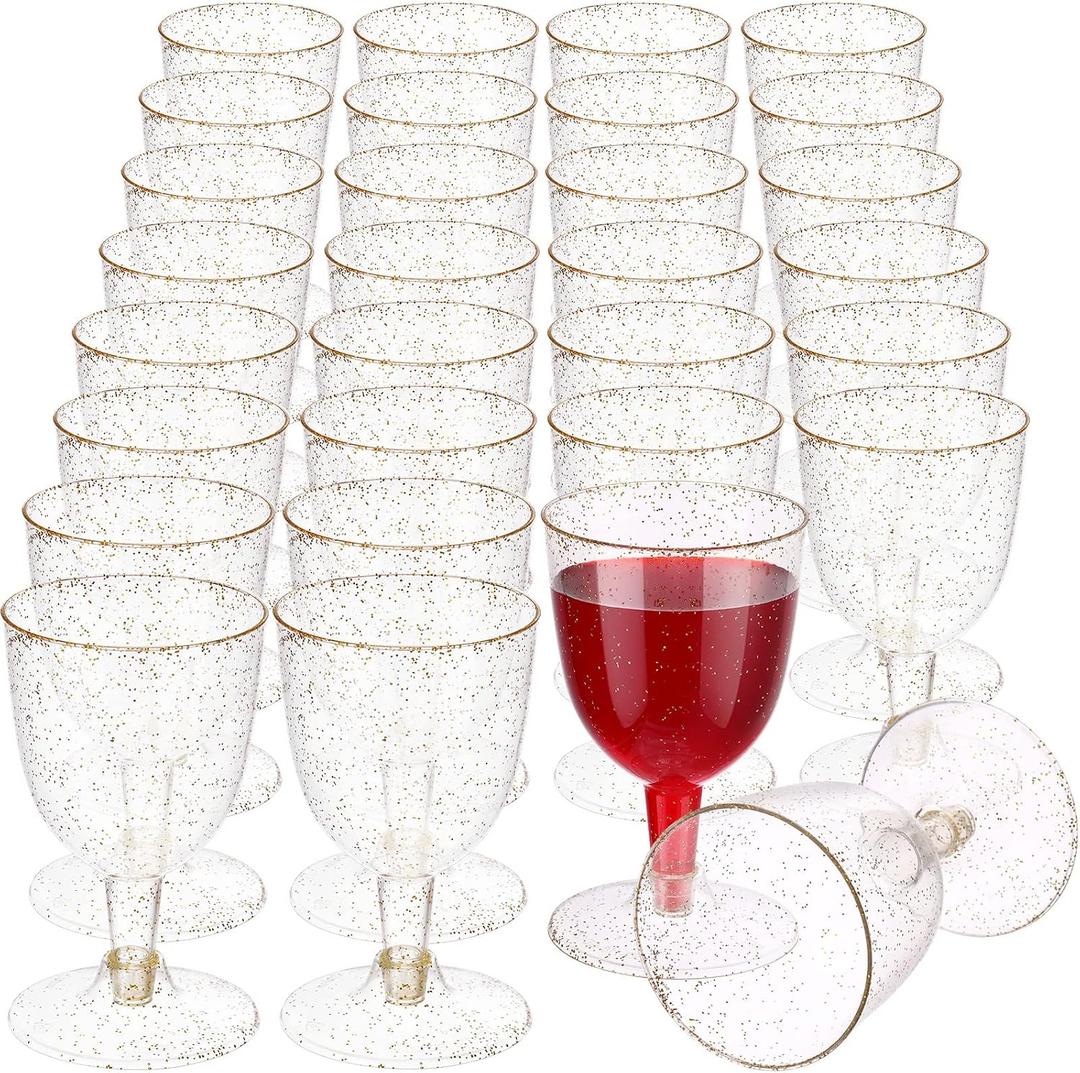 meekoo 50 Pcs 5.7oz / 170ml Disposable Plastic Wine Glasses, Gold Glitter Champagne Goblets Cocktail Cups for Weddings Birthday Bridal Shower Christmas Halloween Thanksgiving Party Outdoor Gatherings