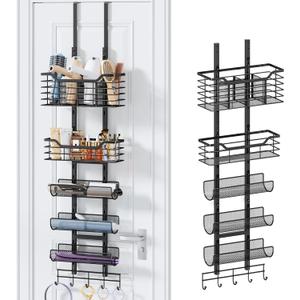 Consumest 6-Tier Hair Tool Organizer - Hair Dryer Holder Over The Door/Wall Mounted DIY Adjustable Shelf Bathroom Door Organizer with Hook for Curling Iron/Blow Dryer/Straightener Black