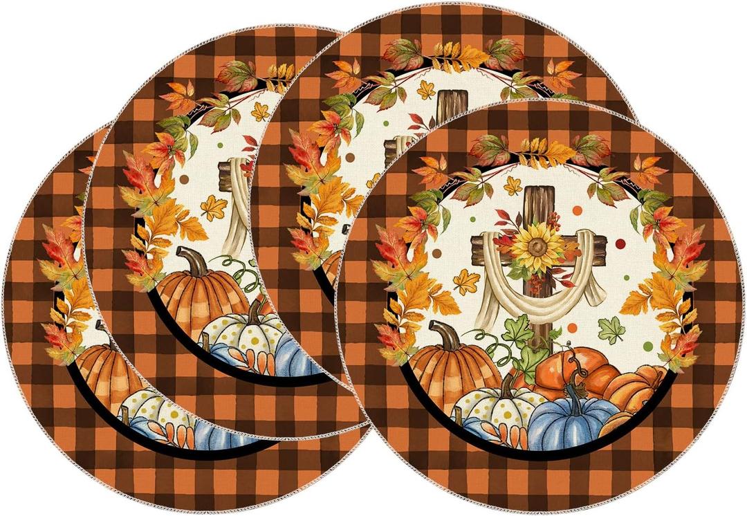 2 x XCHI Fall Cross Pumpkin Maple Leaves Plaid Round Placemats Set of 4 Table Mats for Party Home Kitchen Dining Thanksgiving Table Decorations 14x14 Inch (Orange and Black)