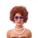 Mrs. Roper Wig with Necklace and Earrings and Glasses Short Curly Women Cosplay Wigs for Mrs. Roper Pub Crawl Party Halloween Daily Wear Wigs (Light brown)