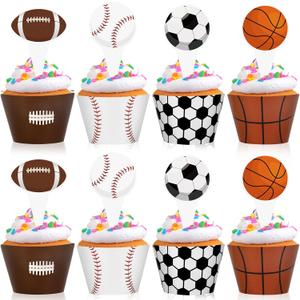 Hooqict 48 Pack Sports Cupcake Toppers and Wrappers Football Basketball Baseball Soccer Cupcake Topper Decorations Cupcake Picks for Boys Sports Theme Birthday Party Decorations