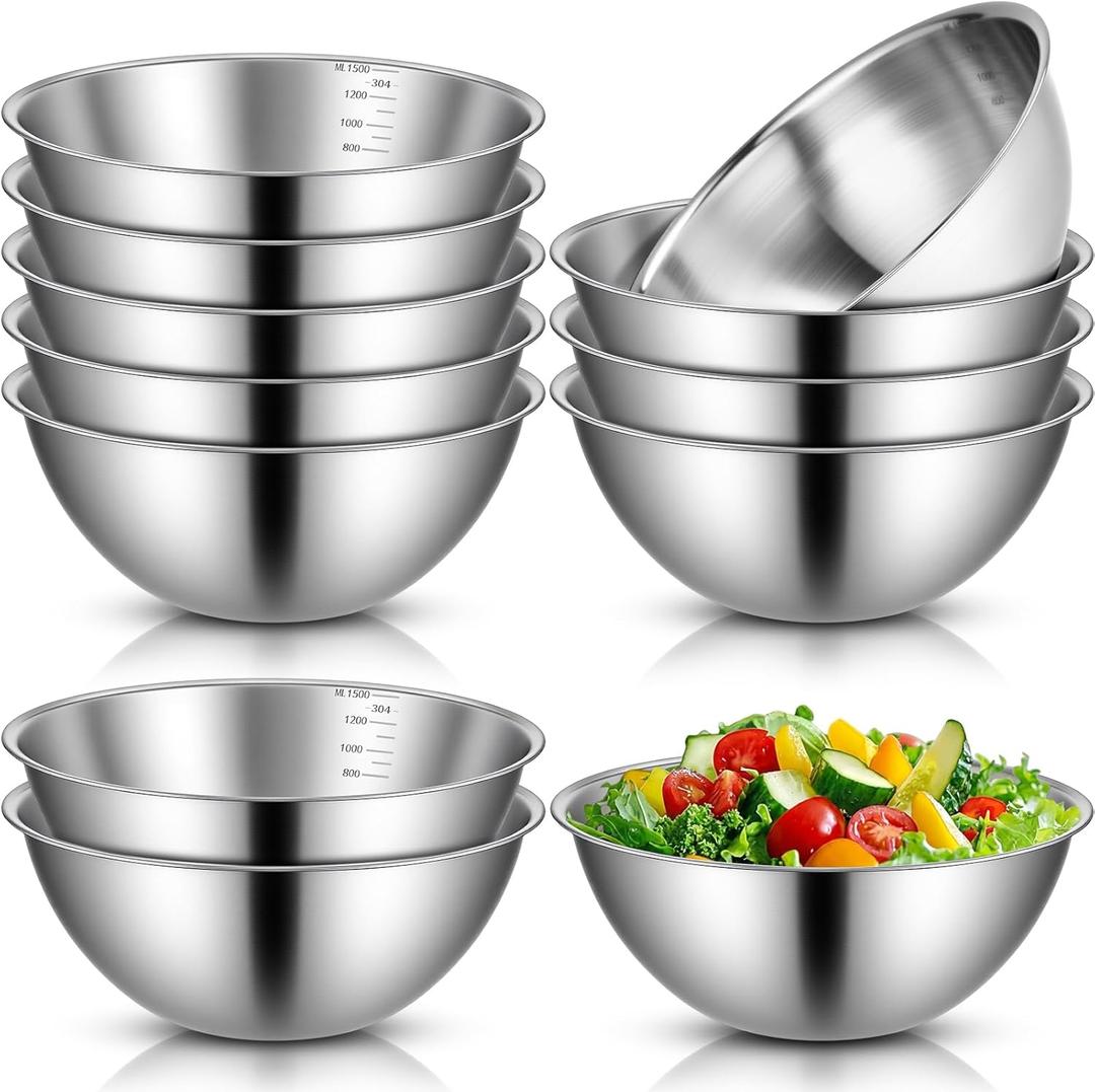 Honeydak 12 Pcs 304 Stainless Steel Mixing Bowls with Graduations, Salad Bowls Metal Serving Reusable Baking Food Storage Containers for Baking, Cooking, Salads, Soups, Ice Cream, Noodles (40 oz)