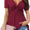 Tankaneo Womens Front Knotted V-Neck Blouse T Shirt Short Sleeve Oversized Tunic Tops Summer Solid Pullover Tees (XX-Large, B02-wine Red)