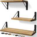 BAYKA Wall Shelves for Bedroom Decor, Floating Wall Shelves for Living Room Kitchen Storage, Wall Mounted Rustic Wood Floating Shelves for Kids Books, Corner Shelves for Bathroom(BrownSet of 3) (16-inch Mixed, F. Carbonized Brown Board & Black Brackets)