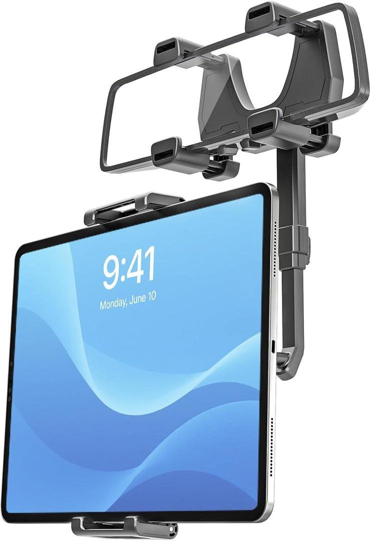 INSSKY Car Rear View Mirror Tablet Mount, [4-Claw Fixation] 360 Rotatable & Retractable Tablet Holder, Fit Thickness Case (Deep Max 1.18'') for iPad Pro/Air/Mini, Galaxy Tab, All 6.1-15.6" Devices