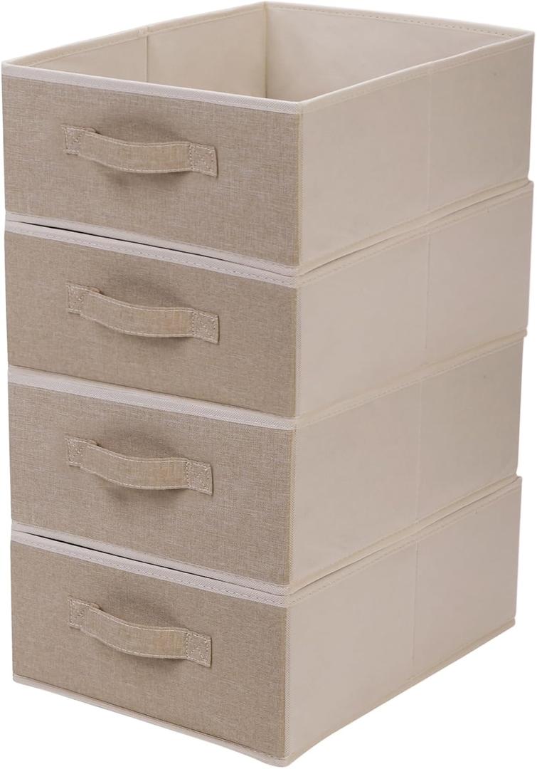 Decorative Storage Boxes for Organizing Clothes in a Dresser Collapsible Fabric Storage Bins Organizer Set with Handles for Bedding Clothes Toys Socks and More (4 Pack Beige)