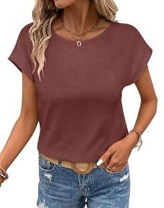 Bliwov Womens T Shirts Summer Tops Cap Sleeve Crew Neck Casual Basic Tees 2026 Fashion Clothing Wine XXL