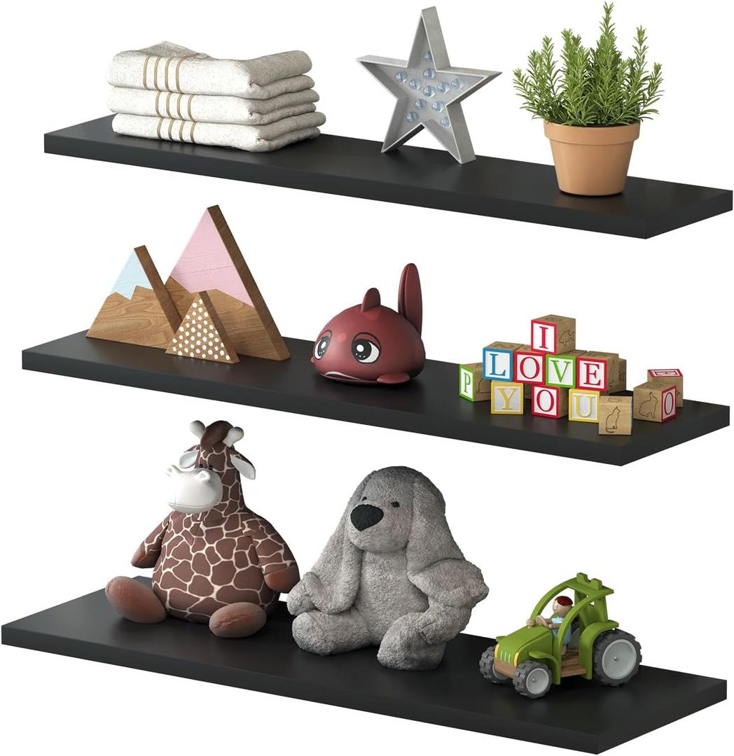 | 3 Set Invisible Floating Shelf, Wall Mounted Shelf for Living Room, Bedroom, Kitchen, Bathroom, Modern Hanging Shelf for Books/Decor/Storage 21,5" Long and 20 lbs Capacity (Black)