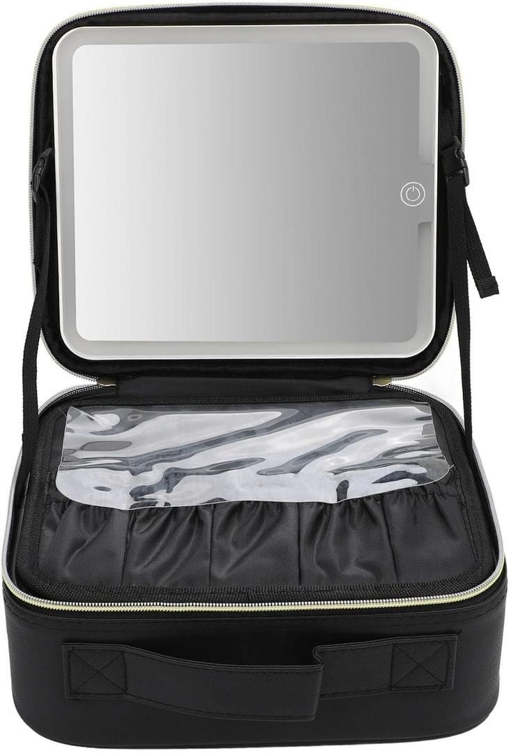 Haofy Portable LED Makeup Bag Stylish Large Capacity 3 Color Lights Dimmable Travel Makeup Bag LED Mirror (Black)