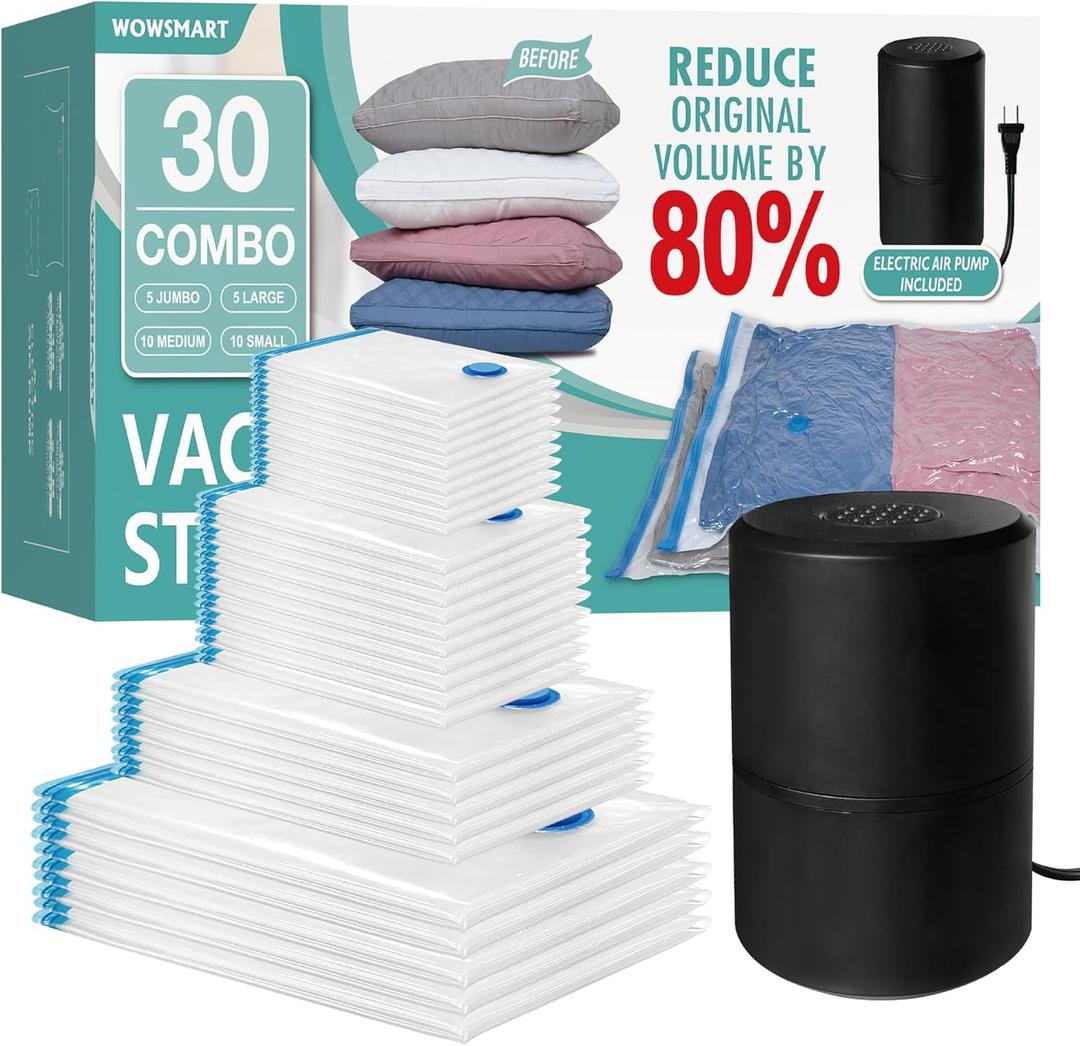 30 Vacuum Storage Bags with Electric Pump, Vacuum Sealed Storage Bags (5Jumbo/5Large/10Medium/10Small), Space Saver Vacuum Seal Bags for Clothing, Comforters, Pillows, Towel, Blanket Storage, Bedding