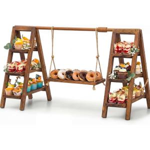Wooden 3 Tier Swing Cupcake Stand with Serving Platter Foldable Ladder Stand Dessert Display Snack Fruit Cake Bread Centerpieces for Party, Birthday, Wedding, Baby Shower(Dark Walnut)