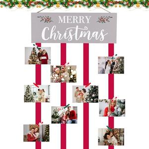 GloxwRiyt Christmas Card Holder Display, Wooden Xmas Hanging Picture Holder with 30 Photo Clips, Merry Christmas  Display Farmhouse Wall Door (Grey)