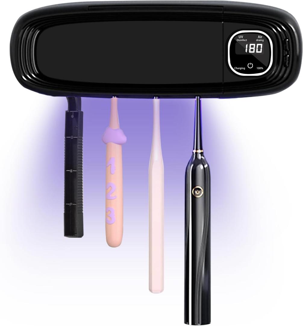 Wall Mounted Toothbrush Holders for Bathrooms, 4 Slots UV Toothbrush Sanitizer and Holder with Air Drying 3000mAh Rechargeable Cordless UV Toothbrush Cleaner with Timer Function & No Drilling (Black)
