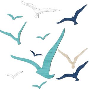 Juyuspesrk 11Pcs Wooden Seagull Wall Decor,Coastal Wall Art,Nautical Theme Beach Adhesive Seagull,Beach Wall Art Decor for Living Room, Office,Home Decorative (Brown+blue+white)