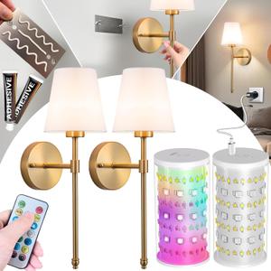 Battery Operated Wall Sconce: Peel and Stick Adhesives Stick On Non Drill Wall Light, Rechargeable Wireless Wall Lamp with Battery Corn Bulb for Bedroom Wall Decor (Gold,20inch)