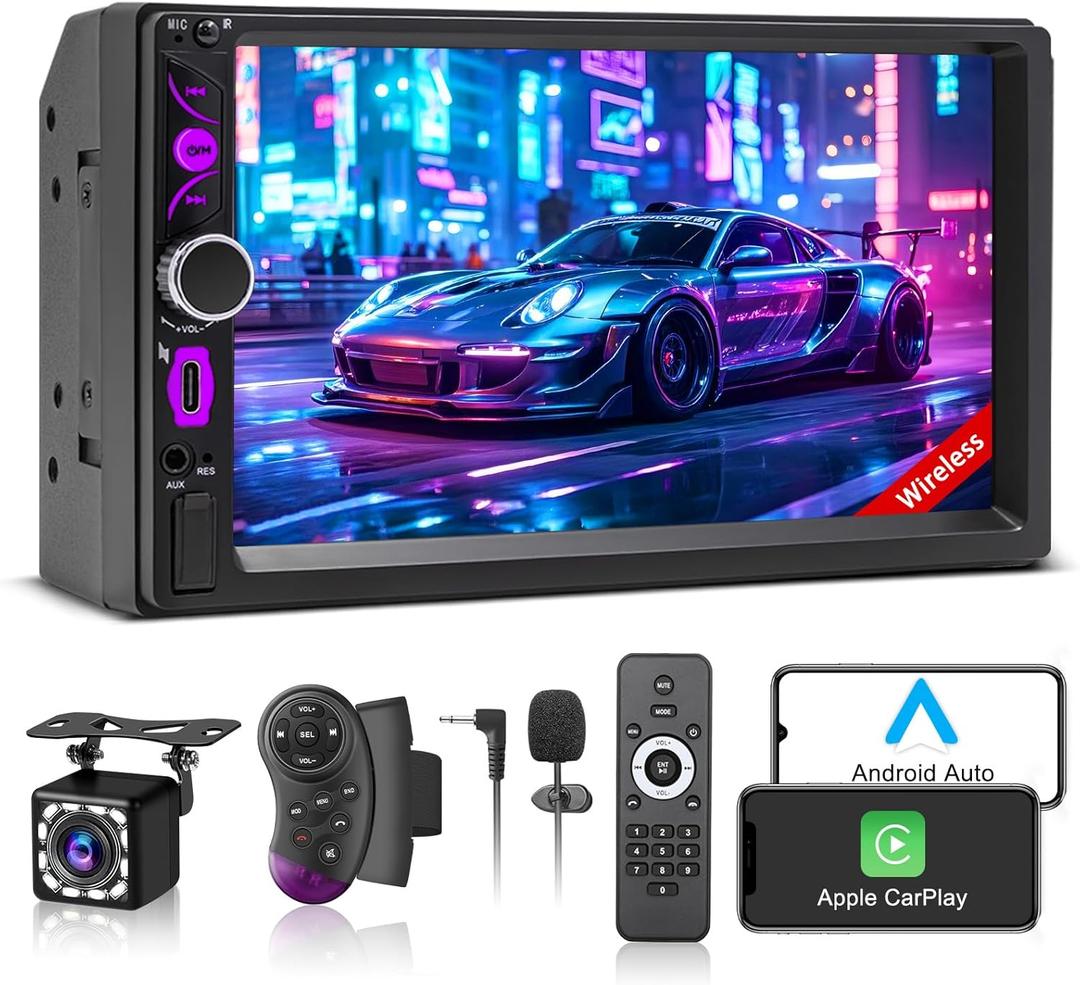 7" Wireless Double Din Car Stereo Carplay Radio Screen for Car Audio Receivers, Car Stereo with Backup Camera, Car Play Android Auto Touchscreen, Mirror Link, Bluetooth, SWC, AM/FM, Type-C
